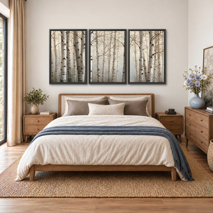 Pale birch trunks and delicate bare branches in a soft neutral woodland 3 piece framed canvas wall art styled in an interior