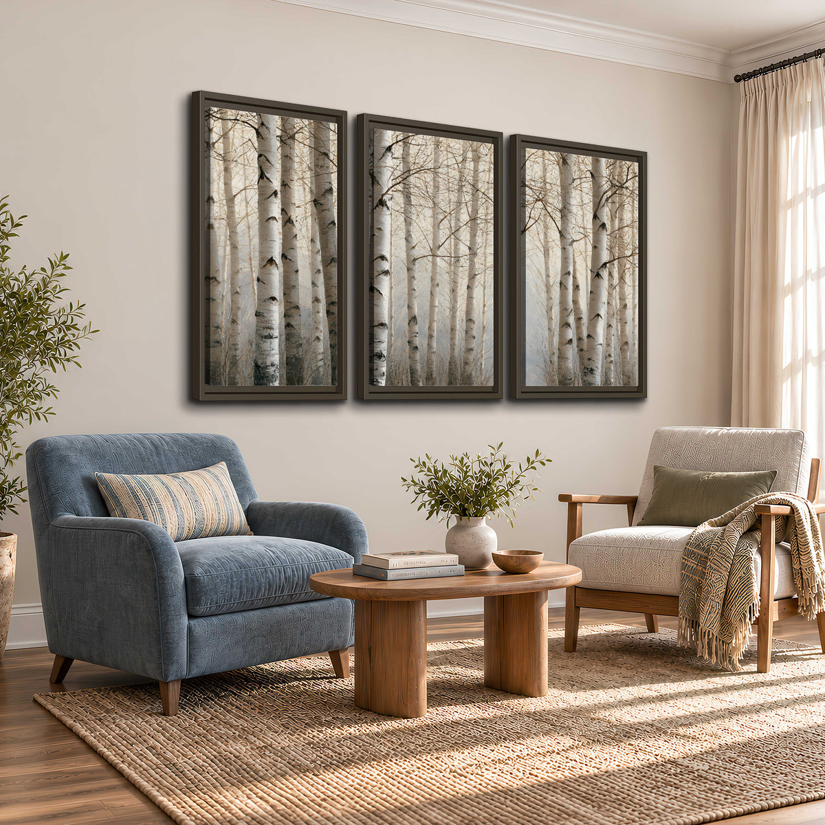 Pale birch trunks and delicate bare branches in a soft neutral woodland 3 piece framed canvas wall art styled in an interior