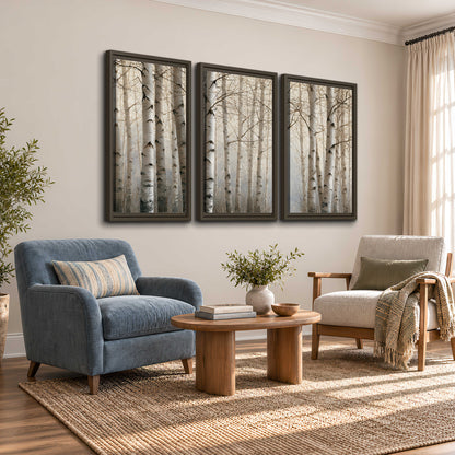 Pale birch trunks and delicate bare branches in a soft neutral woodland 3 piece framed canvas wall art styled in an interior