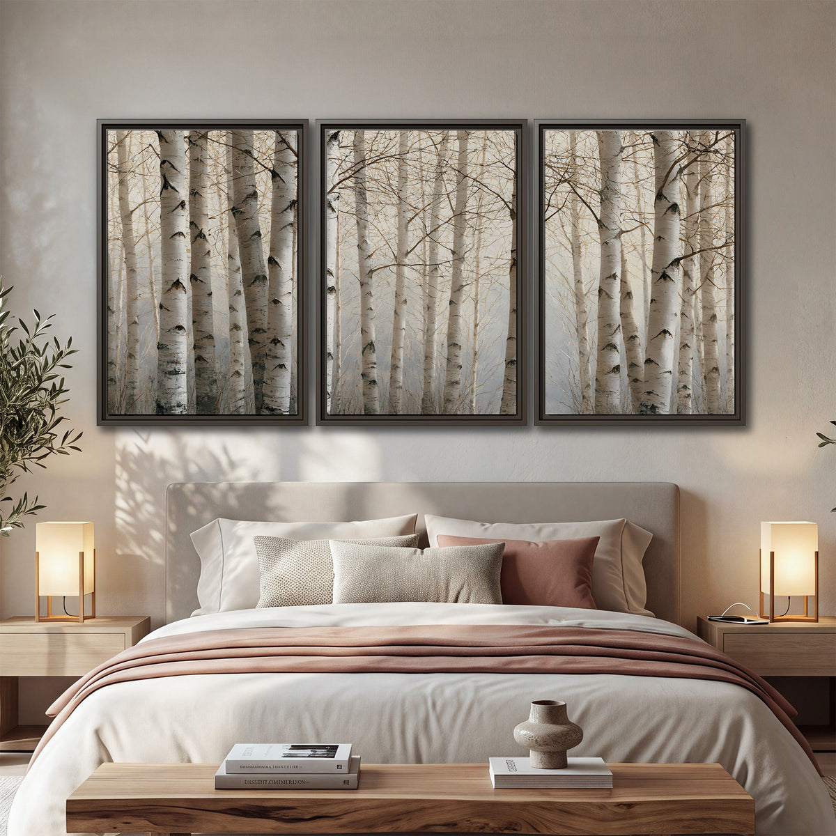 Pale birch trunks and delicate bare branches in a soft neutral woodland 3 piece framed canvas wall art displayed in a bedroom