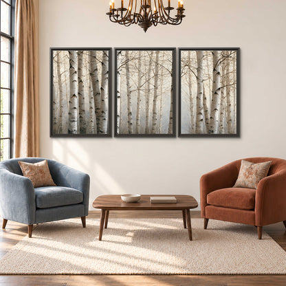 Pale birch trunks and delicate bare branches in a soft neutral woodland 3 piece framed canvas wall art styled in an interior