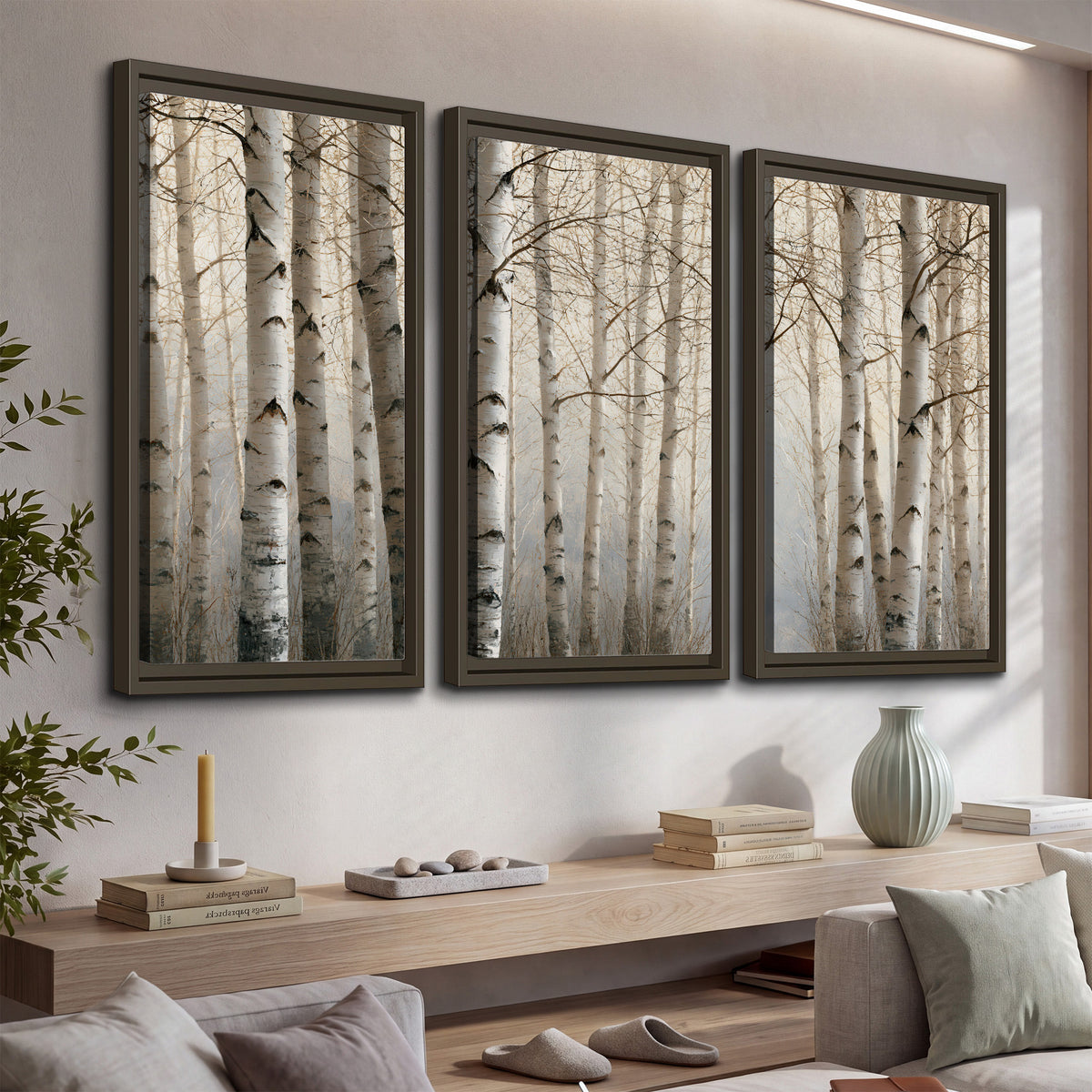 Pale birch trunks and delicate bare branches in a soft neutral woodland 3 piece framed canvas wall art displayed in a console