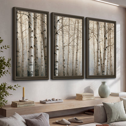 Pale birch trunks and delicate bare branches in a soft neutral woodland 3 piece framed canvas wall art displayed in a console