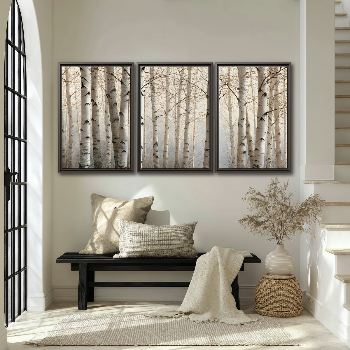 Pale birch trunks and delicate bare branches in a soft neutral woodland 3 piece framed canvas wall art displayed in a entryway
