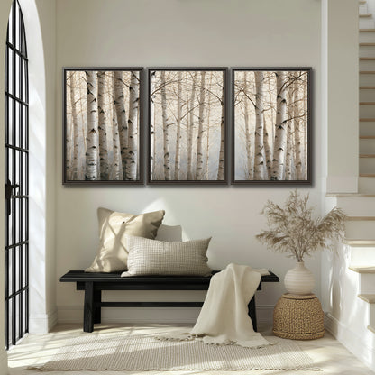 Pale birch trunks and delicate bare branches in a soft neutral woodland 3 piece framed canvas wall art displayed in a entryway