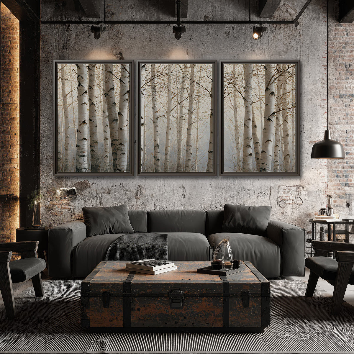 Pale birch trunks and delicate bare branches in a soft neutral woodland 3 piece framed canvas wall art displayed in a industrial room