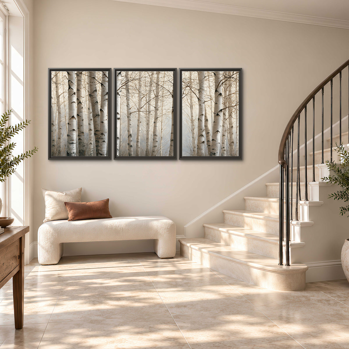 Pale birch trunks and delicate bare branches in a soft neutral woodland 3 piece framed canvas wall art styled in an interior