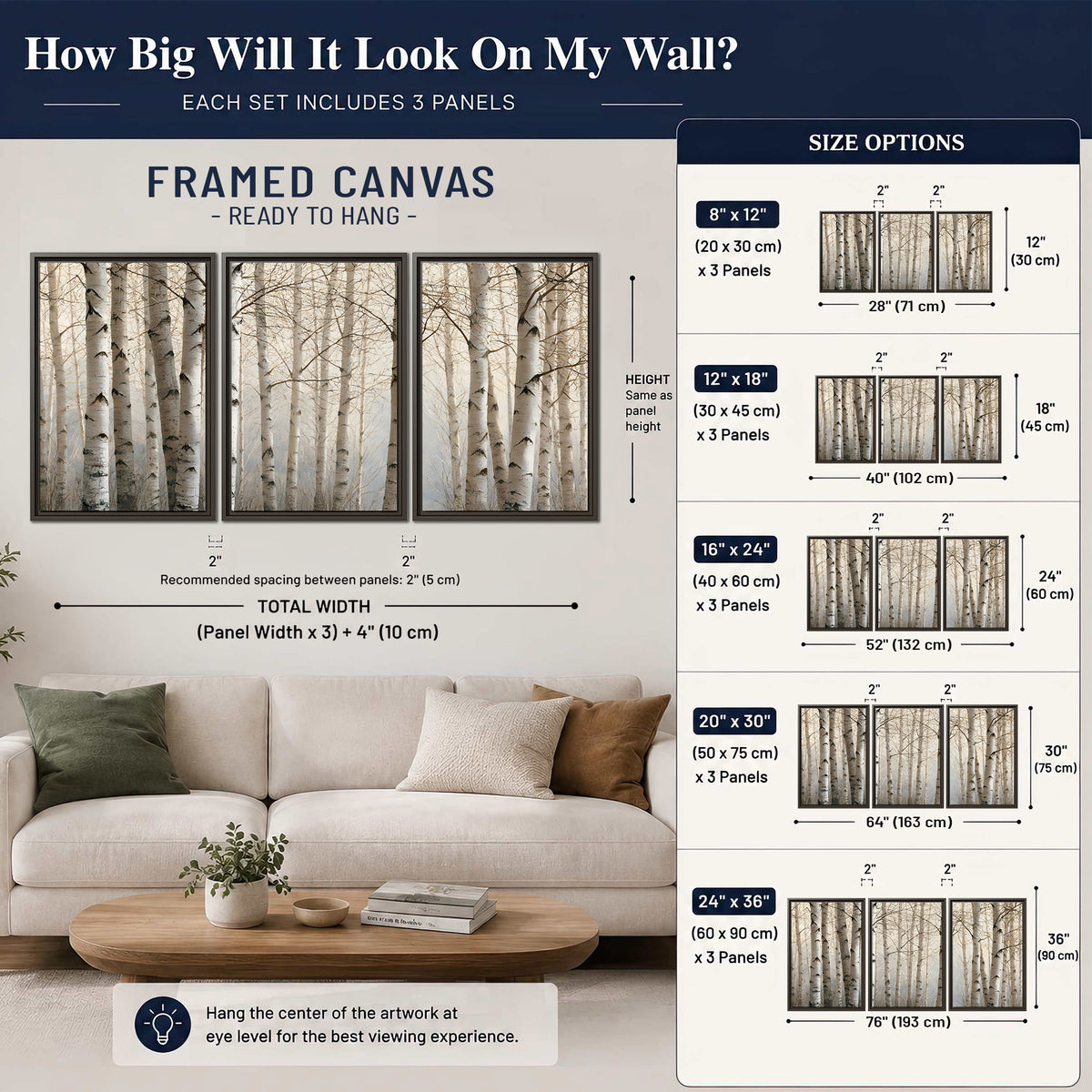 Pale birch trunks and delicate bare branches in a soft neutral woodland 3 piece framed canvas wall art size guide above a sofa; room view is illustrative
