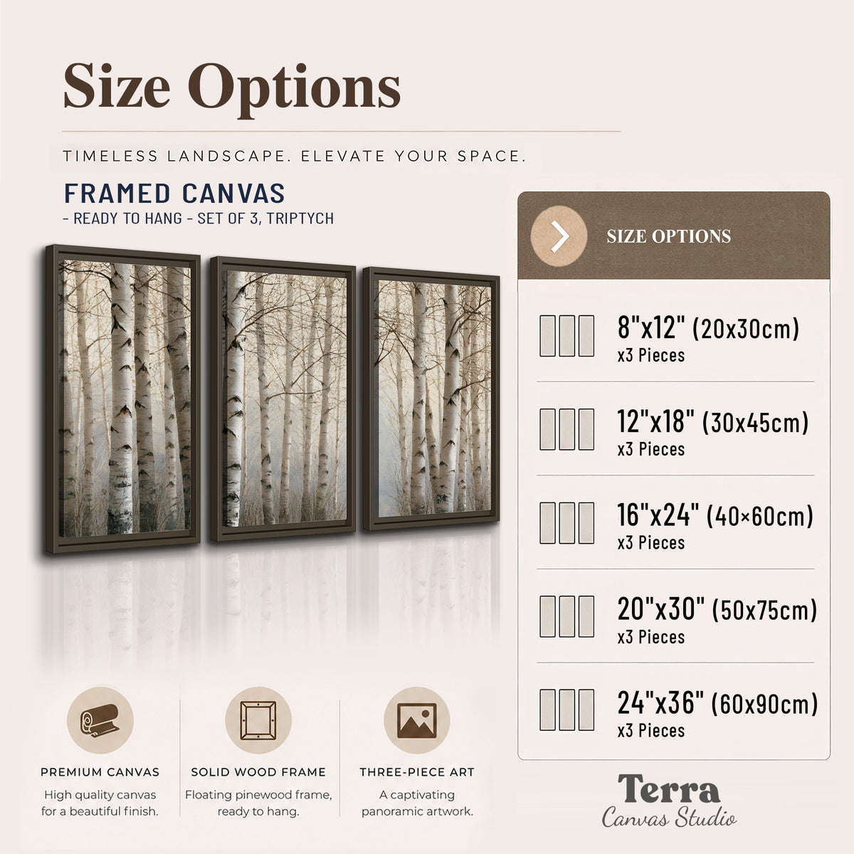 Pale birch trunks and delicate bare branches in a soft neutral woodland 3 piece framed canvas wall art available dimensions; triptych dimensions are per panel