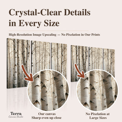 Pale birch trunks and delicate bare branches in a soft neutral woodland artwork quality information