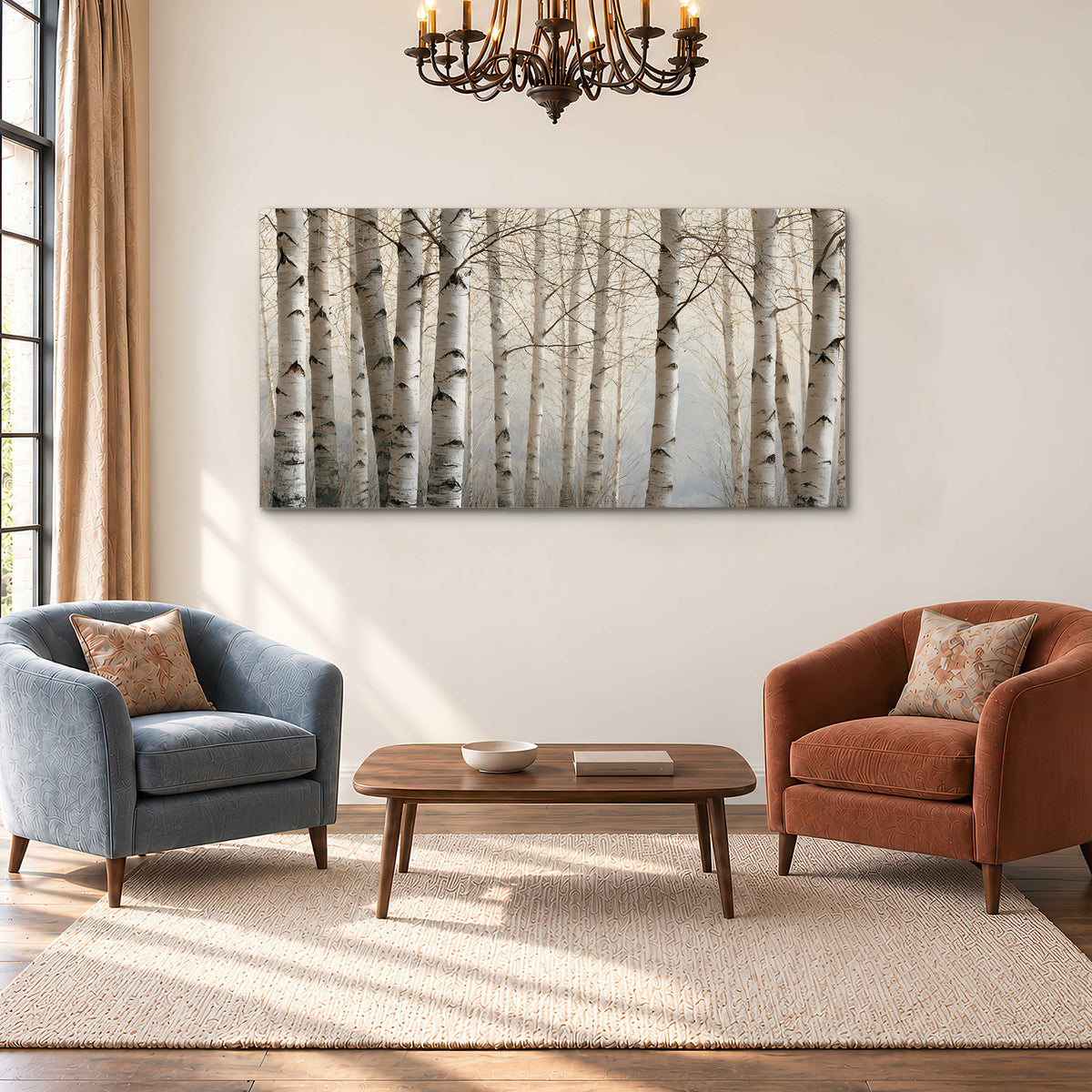Pale birch trunks and delicate bare branches in a soft neutral woodland single canvas wall art styled in an interior