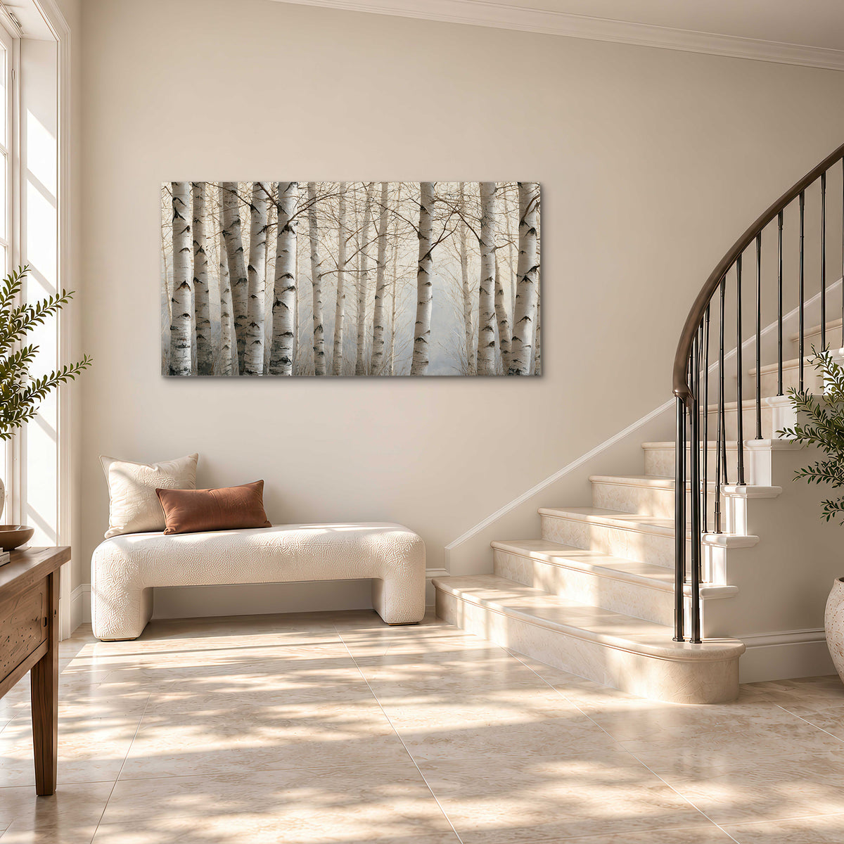Pale birch trunks and delicate bare branches in a soft neutral woodland single canvas wall art styled in an interior