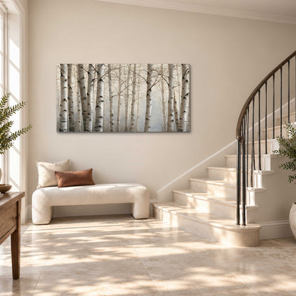 Pale birch trunks and delicate bare branches in a soft neutral woodland single canvas wall art styled in an interior