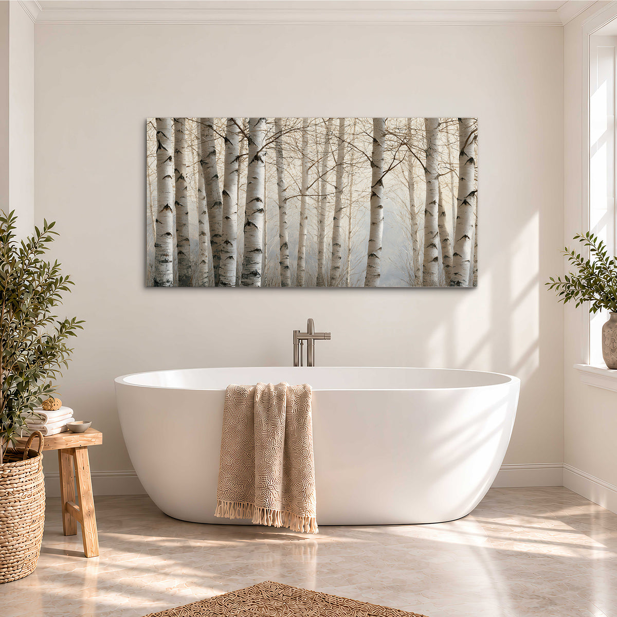 Pale birch trunks and delicate bare branches in a soft neutral woodland single canvas wall art styled in an interior