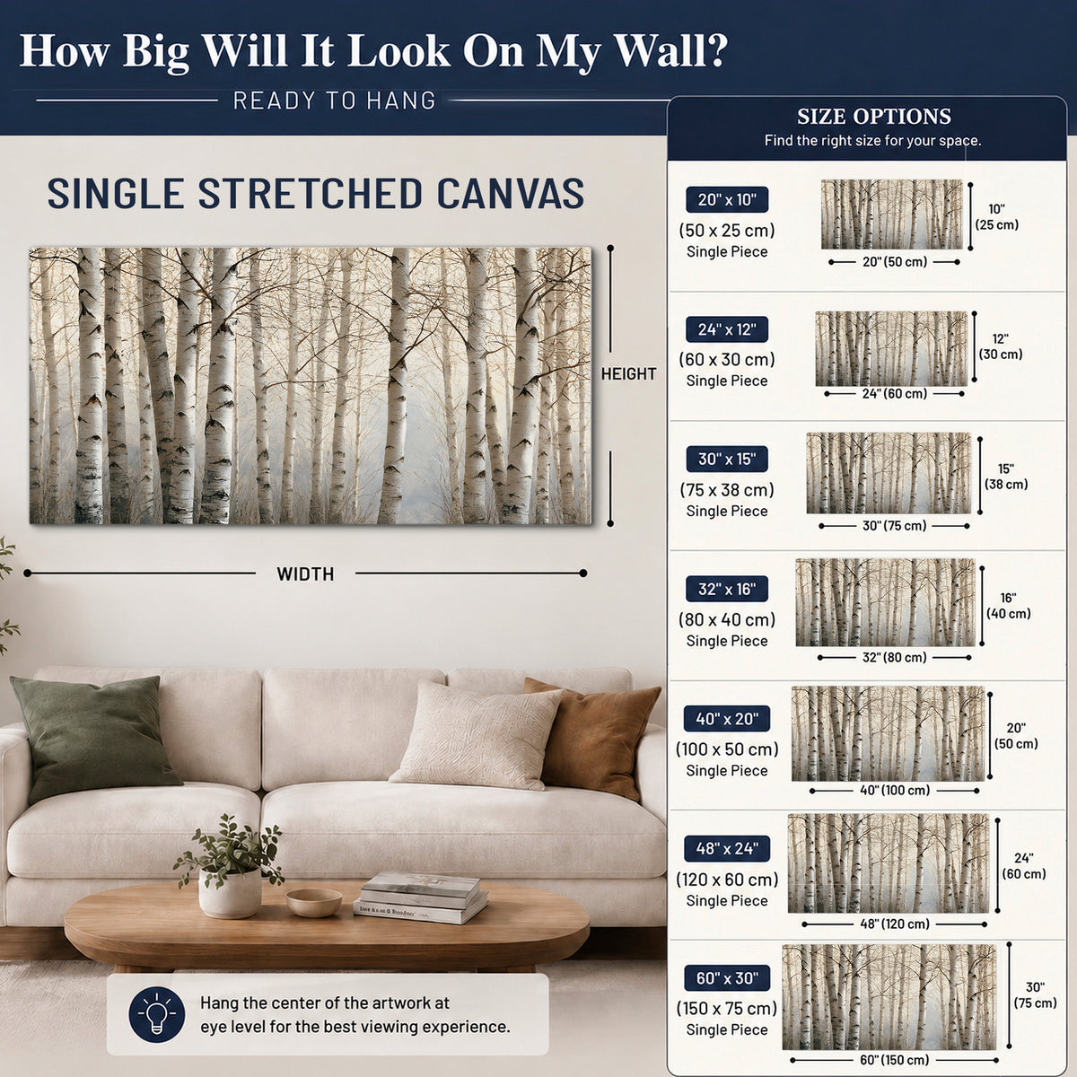Pale birch trunks and delicate bare branches in a soft neutral woodland single canvas wall art size guide above a sofa; room view is illustrative