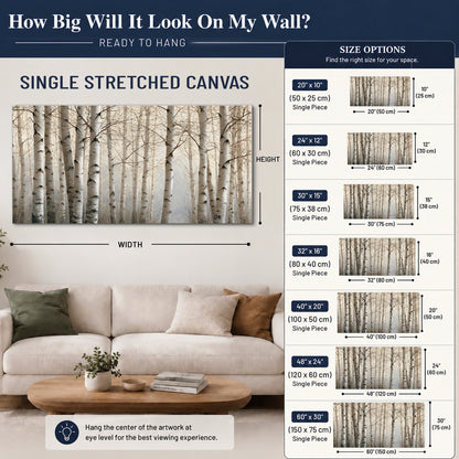 Pale birch trunks and delicate bare branches in a soft neutral woodland single canvas wall art size guide above a sofa; room view is illustrative