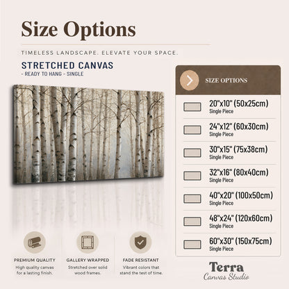 Pale birch trunks and delicate bare branches in a soft neutral woodland single canvas wall art available dimensions