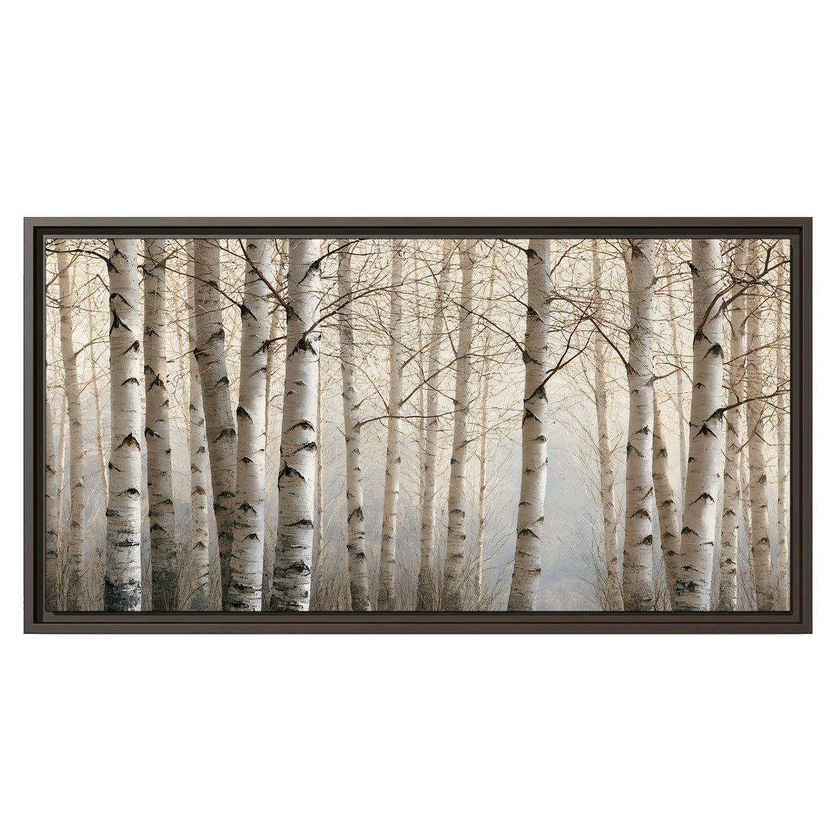 Pale birch trunks and delicate bare branches in a soft neutral woodland single framed canvas wall art viewed straight on