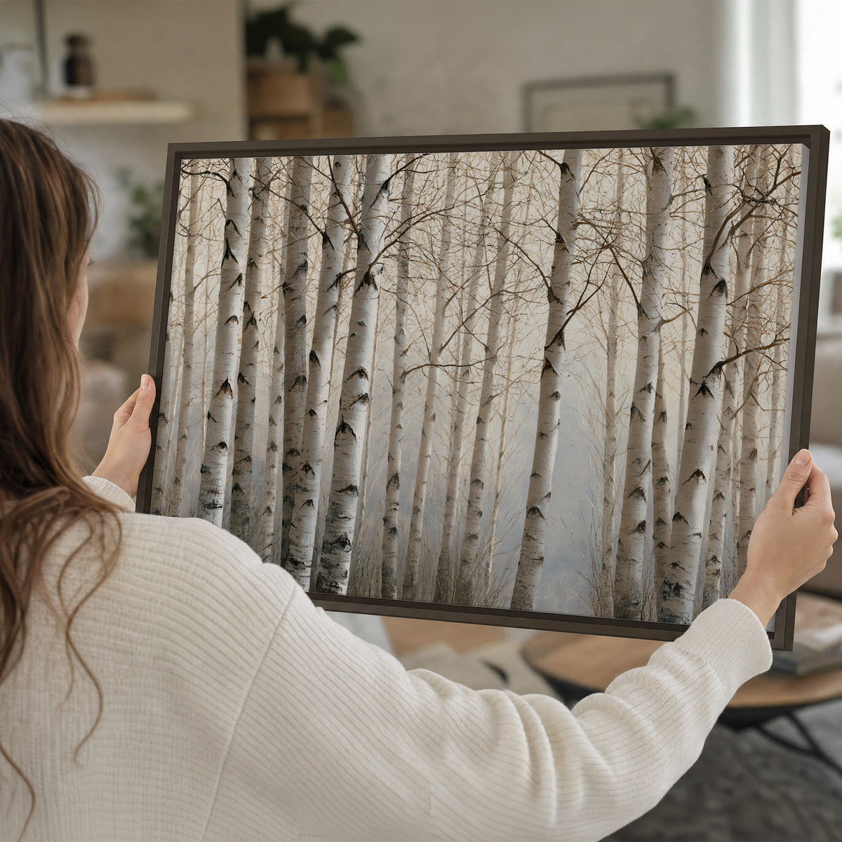 Pale birch trunks and delicate bare branches in a soft neutral woodland single framed canvas wall art held in hands