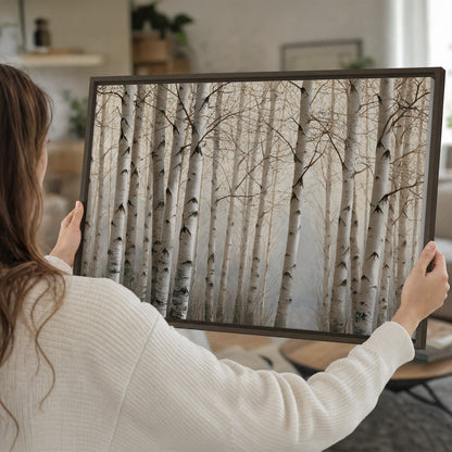 Pale birch trunks and delicate bare branches in a soft neutral woodland single framed canvas wall art held in hands