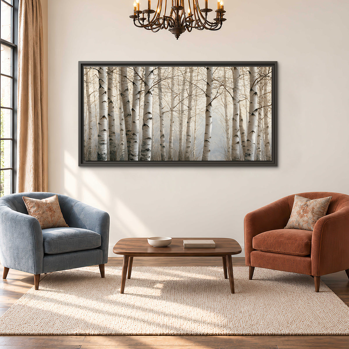 Pale birch trunks and delicate bare branches in a soft neutral woodland single framed canvas wall art styled in an interior