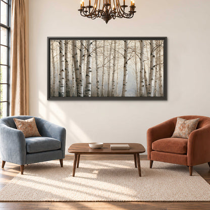 Pale birch trunks and delicate bare branches in a soft neutral woodland single framed canvas wall art styled in an interior