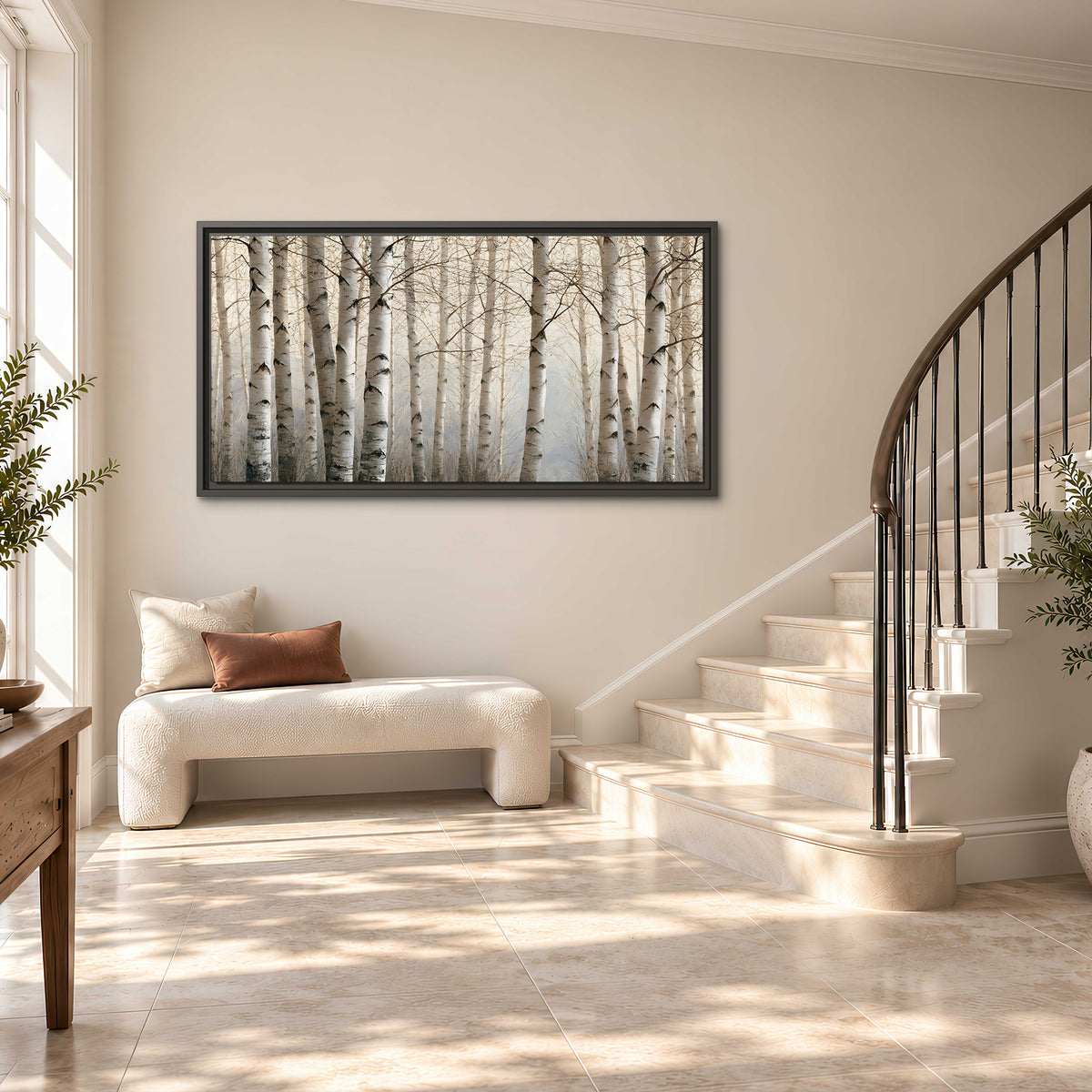 Pale birch trunks and delicate bare branches in a soft neutral woodland single framed canvas wall art styled in an interior