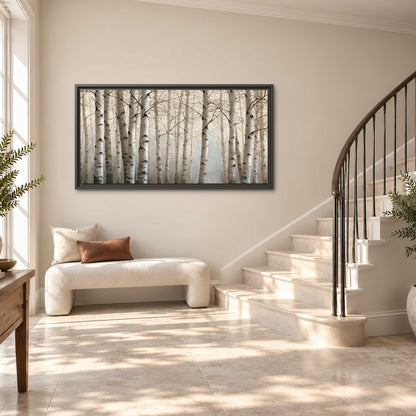Pale birch trunks and delicate bare branches in a soft neutral woodland single framed canvas wall art styled in an interior