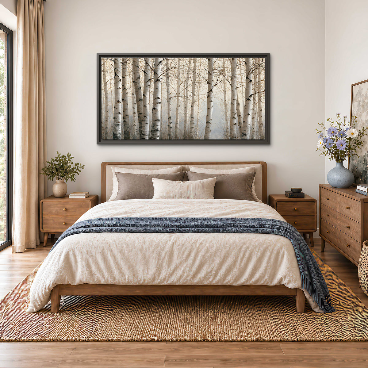 Pale birch trunks and delicate bare branches in a soft neutral woodland single framed canvas wall art styled in an interior
