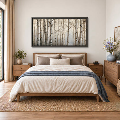 Pale birch trunks and delicate bare branches in a soft neutral woodland single framed canvas wall art styled in an interior