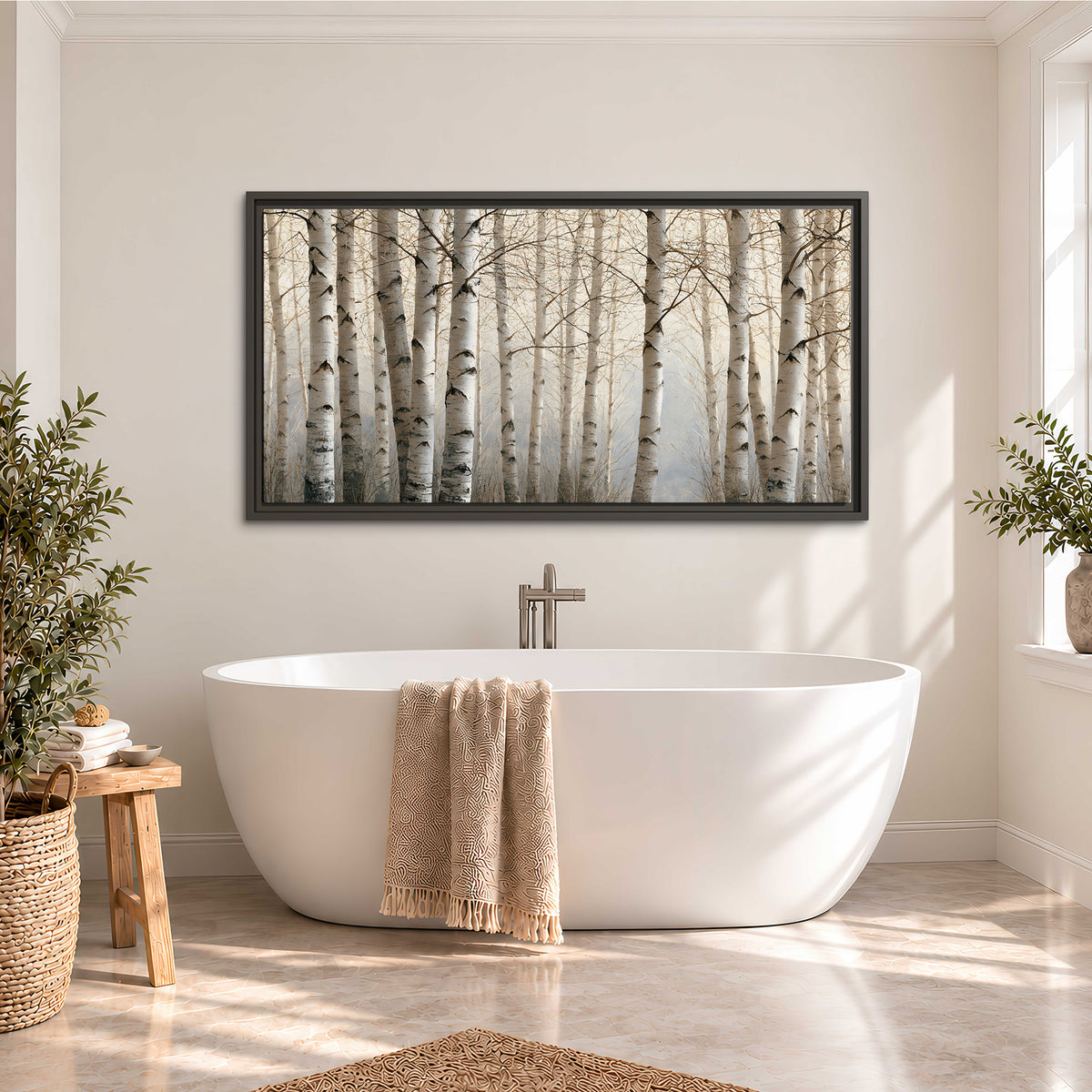 Pale birch trunks and delicate bare branches in a soft neutral woodland single framed canvas wall art styled in an interior