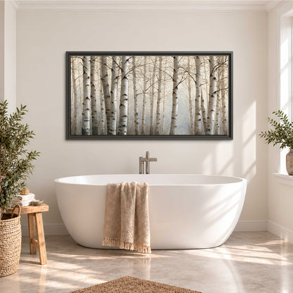 Pale birch trunks and delicate bare branches in a soft neutral woodland single framed canvas wall art styled in an interior