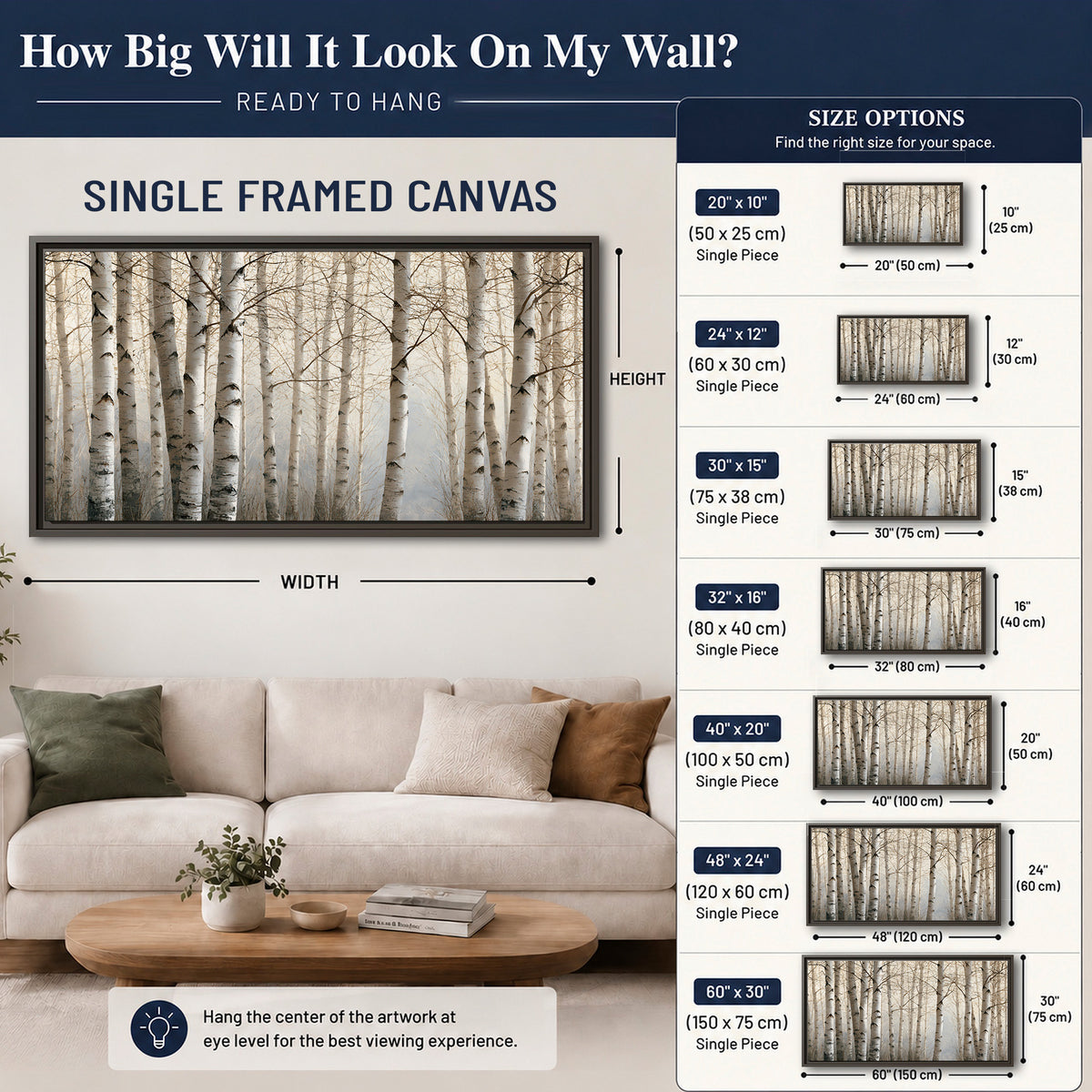 Pale birch trunks and delicate bare branches in a soft neutral woodland single framed canvas wall art size guide above a sofa; room view is illustrative