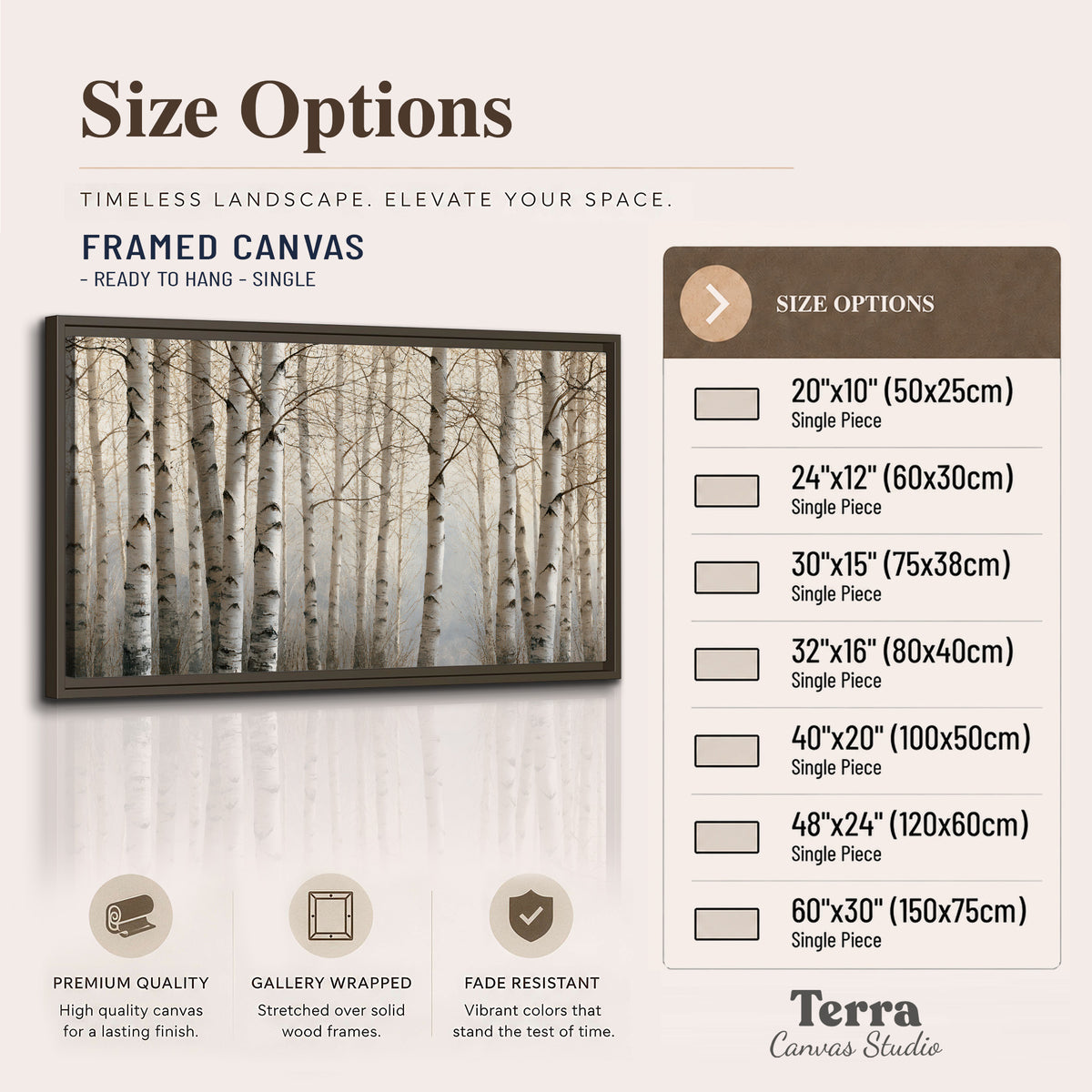 Pale birch trunks and delicate bare branches in a soft neutral woodland single framed canvas wall art available dimensions