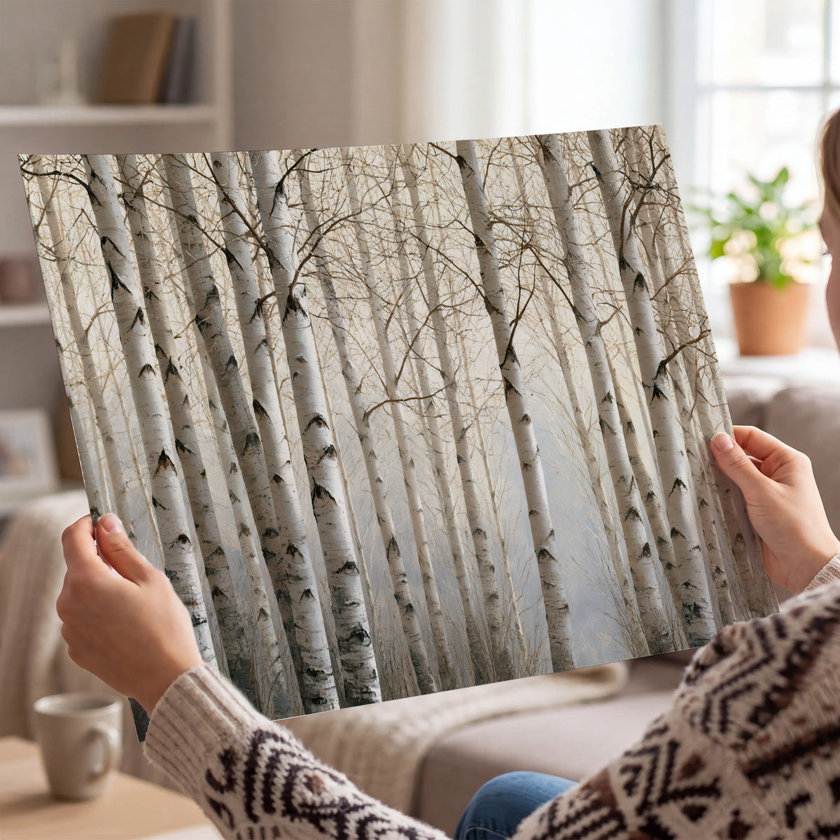 Pale birch trunks and delicate bare branches in a soft neutral woodland single poster print held in hands