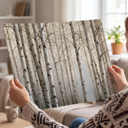 Pale birch trunks and delicate bare branches in a soft neutral woodland single poster print held in hands