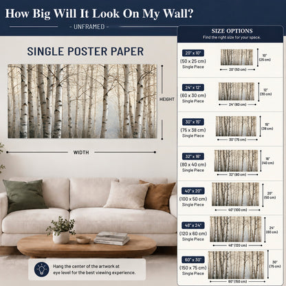 Pale birch trunks and delicate bare branches in a soft neutral woodland single poster print size guide above a sofa; room view is illustrative
