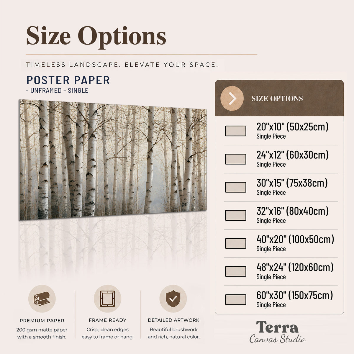 Pale birch trunks and delicate bare branches in a soft neutral woodland single poster print available dimensions