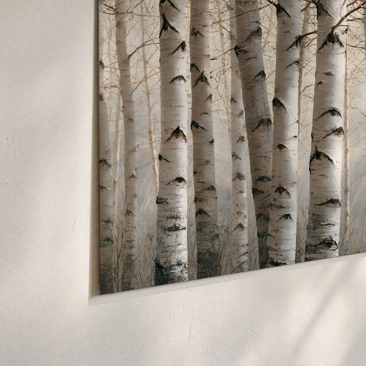 Pale birch trunks and delicate bare branches in a soft neutral woodland set of 3 poster prints material and edge close up