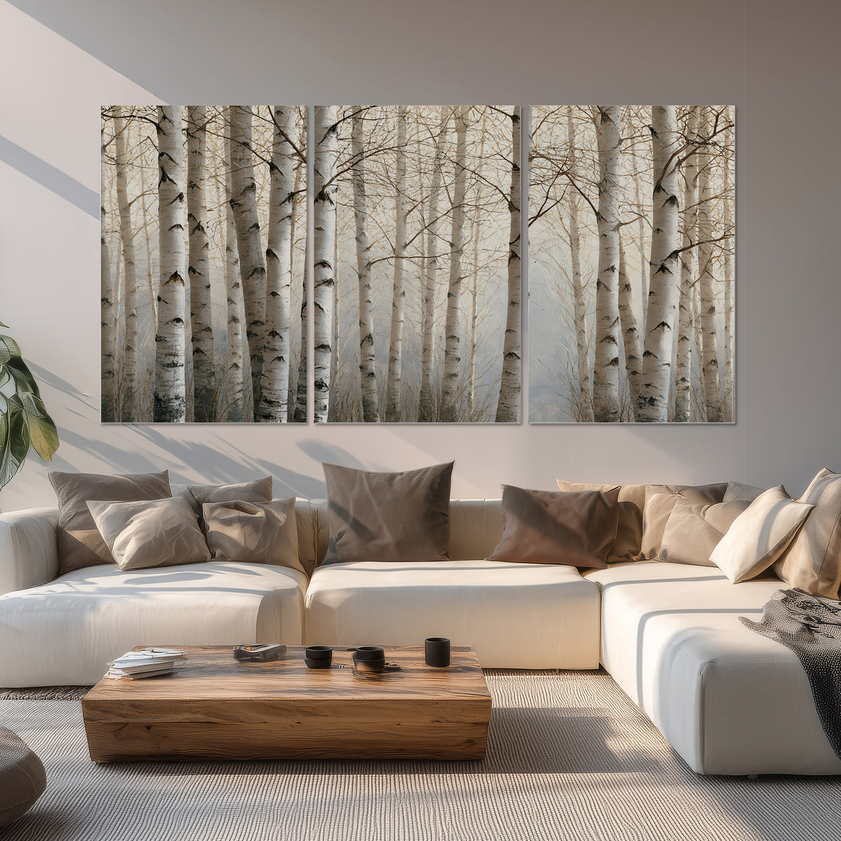 Pale birch trunks and delicate bare branches in a soft neutral woodland set of 3 poster prints displayed in a living room