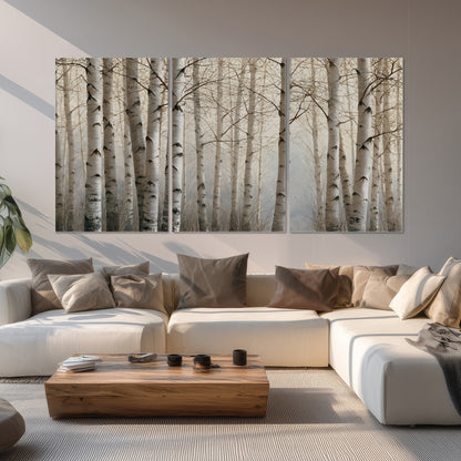 Pale birch trunks and delicate bare branches in a soft neutral woodland set of 3 poster prints displayed in a living room