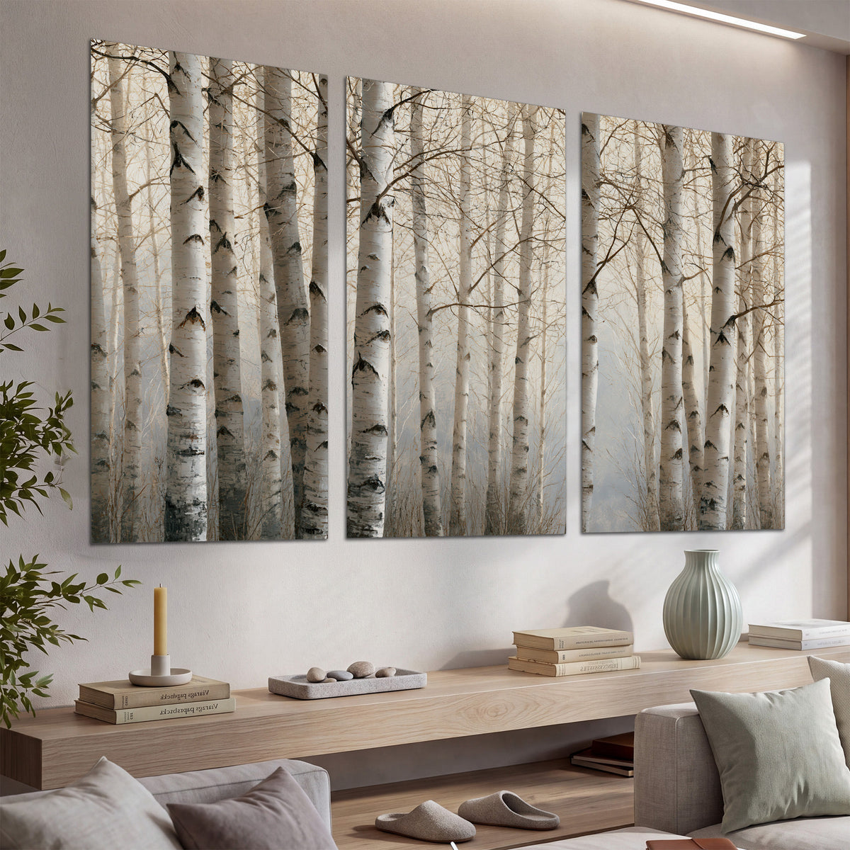 Pale birch trunks and delicate bare branches in a soft neutral woodland set of 3 poster prints displayed in a console
