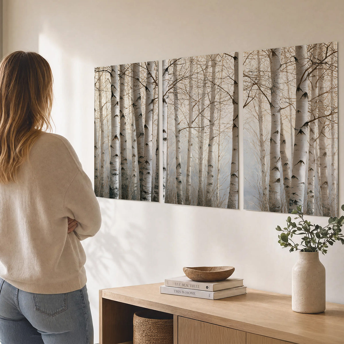 Pale birch trunks and delicate bare branches in a soft neutral woodland set of 3 poster prints three panel arrangement on a wall