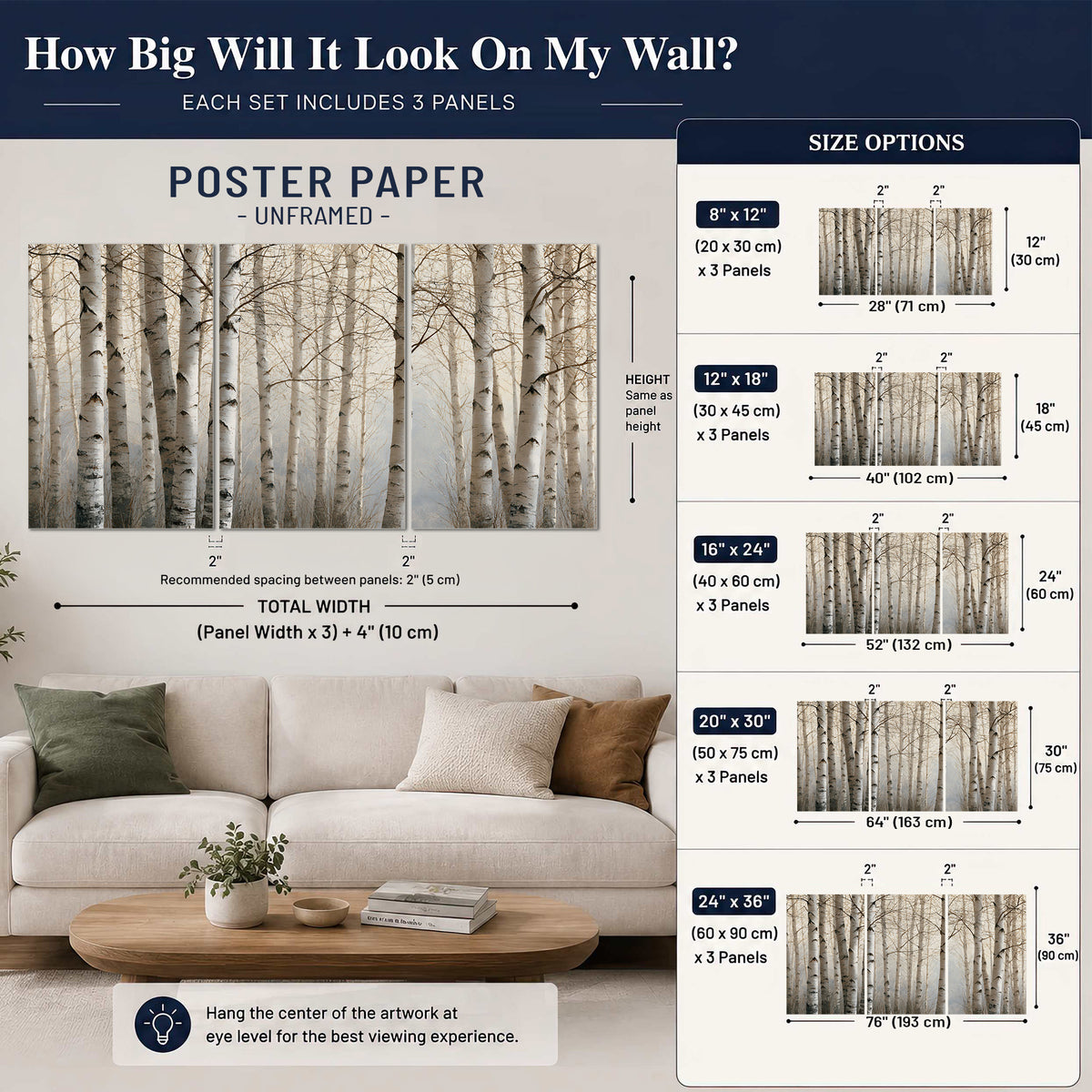 Pale birch trunks and delicate bare branches in a soft neutral woodland set of 3 poster prints size guide above a sofa; room view is illustrative