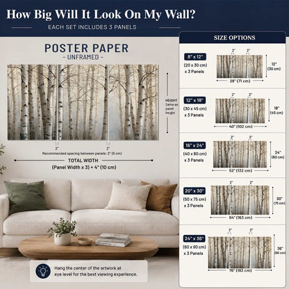 Pale birch trunks and delicate bare branches in a soft neutral woodland set of 3 poster prints size guide above a sofa; room view is illustrative