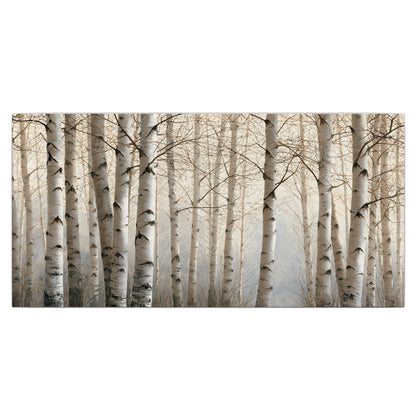 Pale birch trunks and delicate bare branches in a soft neutral woodland single canvas wall art viewed straight on