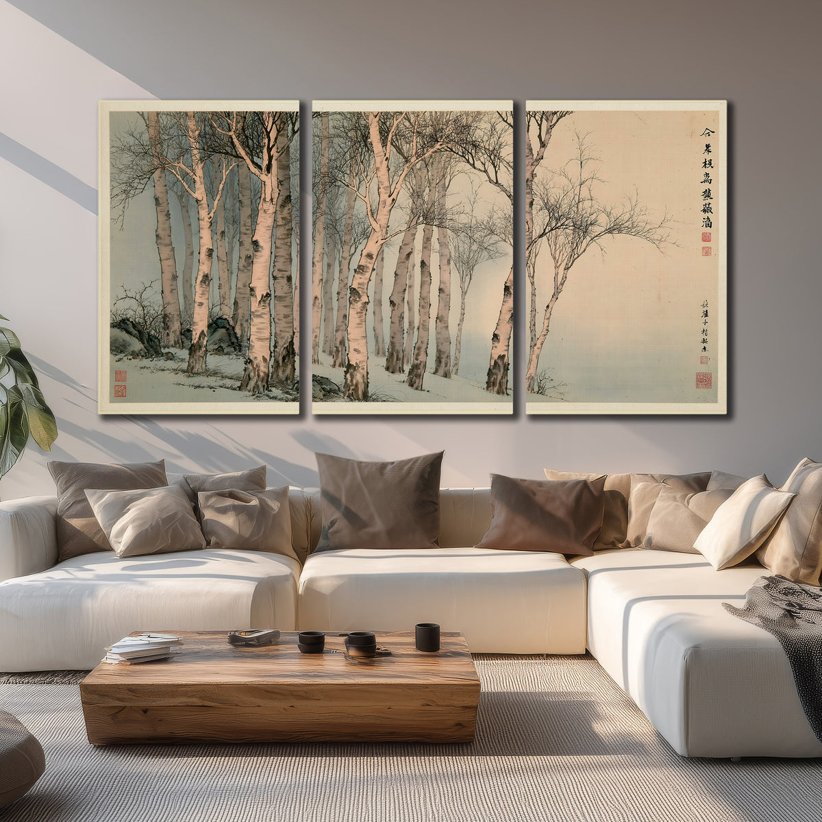 Slender pale birches in a muted woodland scene with decorative script 3 piece canvas wall art displayed in a living room