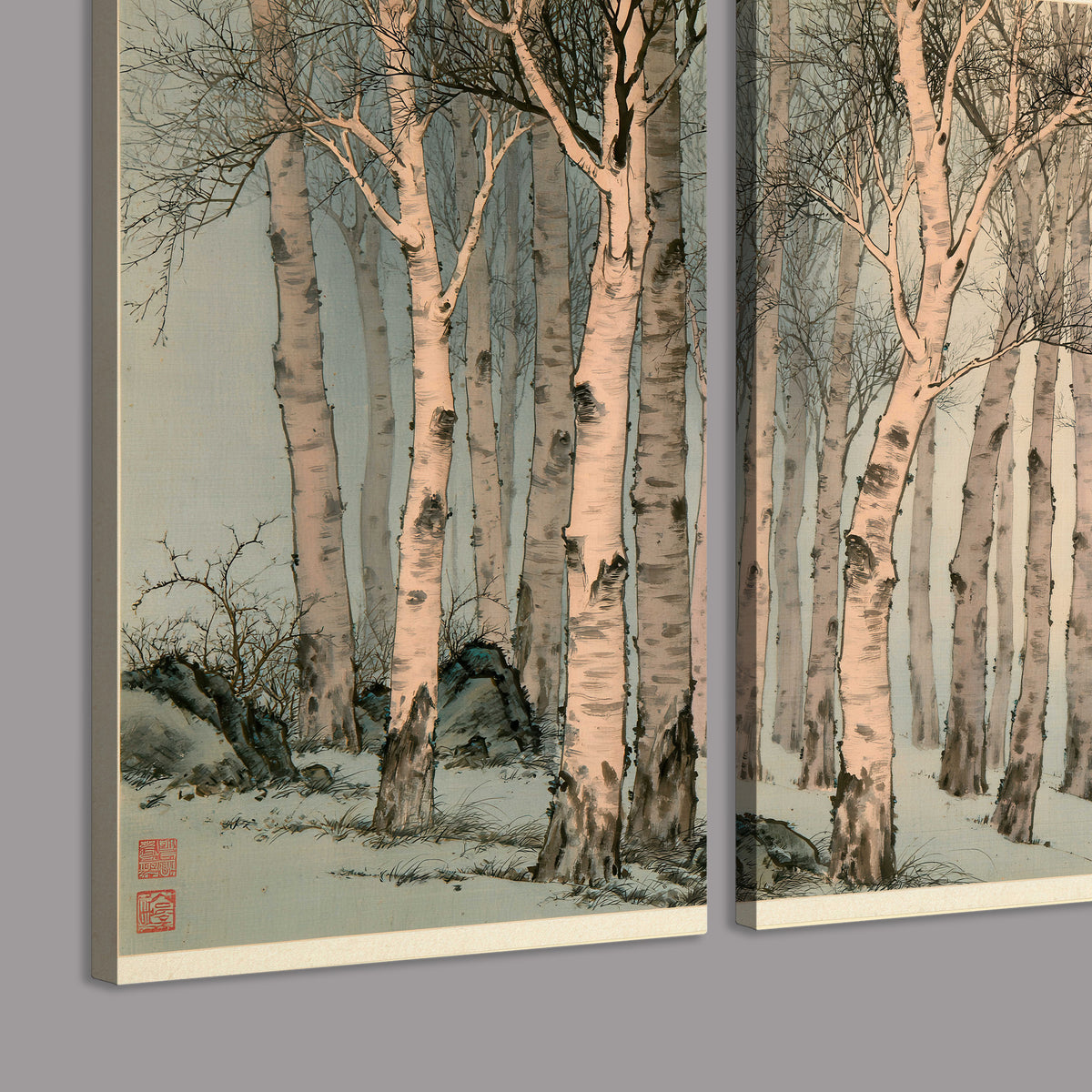 Slender pale birches in a muted woodland scene with decorative script 3 piece canvas wall art room and product view
