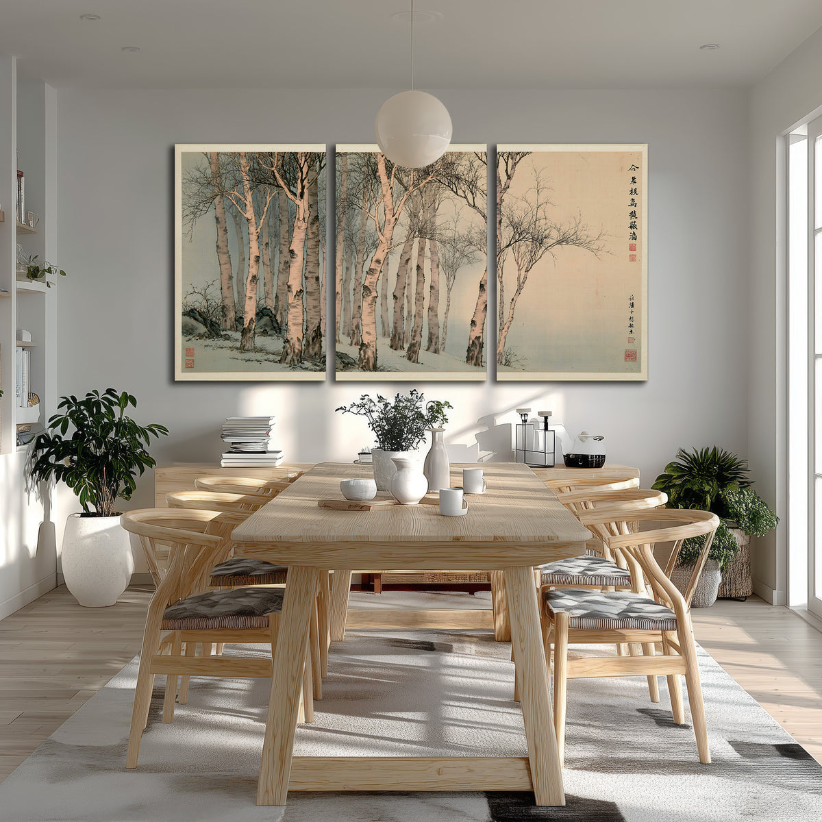 Slender pale birches in a muted woodland scene with decorative script 3 piece canvas wall art room and product view
