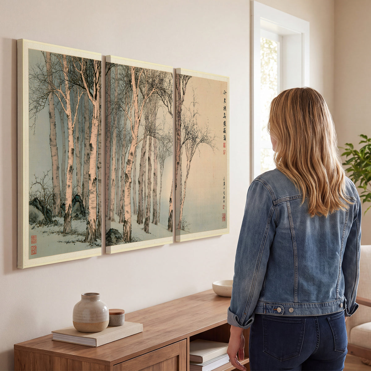 Slender pale birches in a muted woodland scene with decorative script 3 piece canvas wall art three panel arrangement on a wall